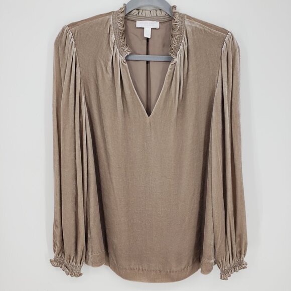 The White Company Label Velvet Blouse Top 6 Long Sleeve Ruffle Trim Beige Tan - Picture 1 of 8